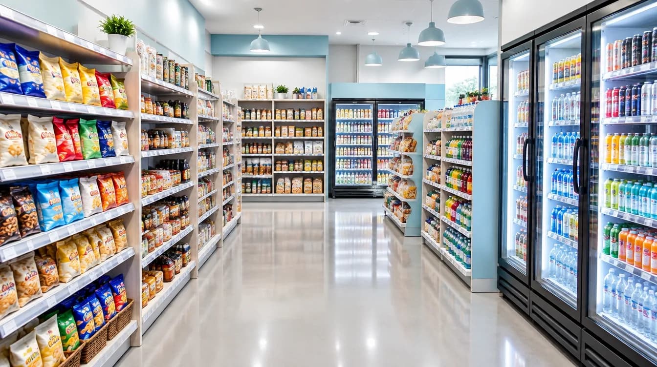Inside the store: snack aisles and cold drink fridges
