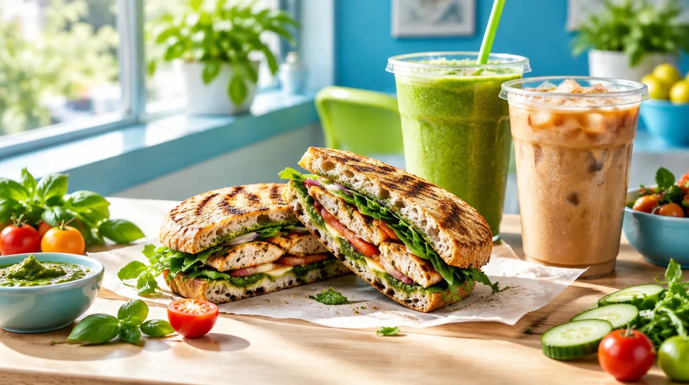 Grilled chicken pesto sandwich with a green smoothie and iced coffee